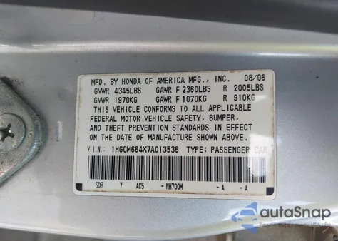 2007 Honda Accord 3.0 Se z USA, uszkodzony, nr VIN 1HGCM664X7A013536